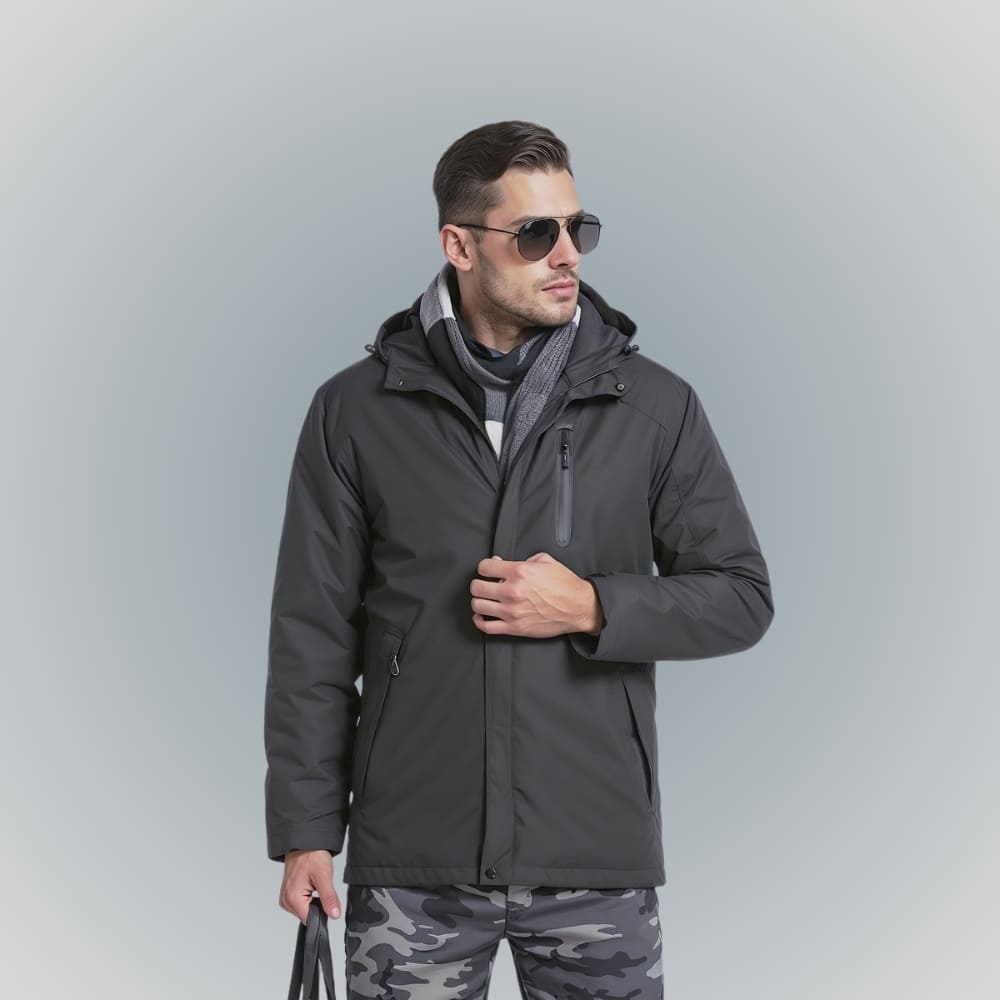 Homme de face portant une veste chauffante grise pour le travail